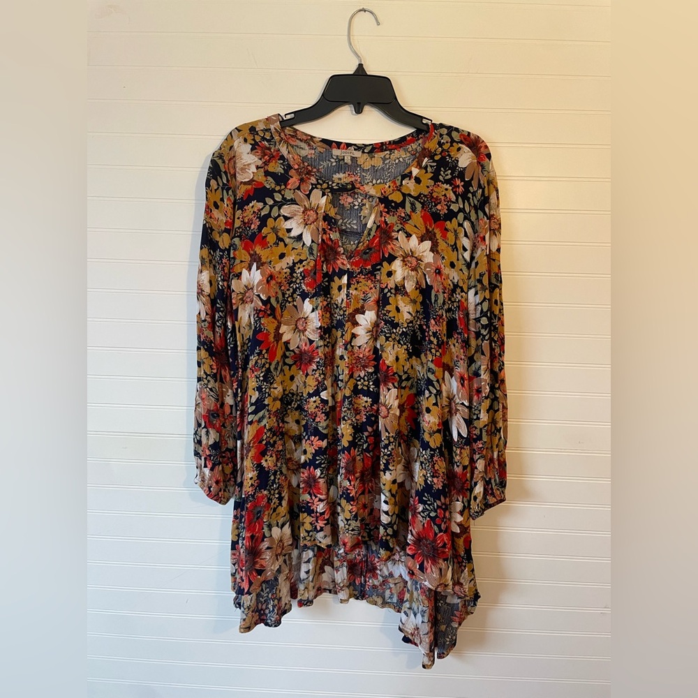 JODIFL Women's Floral Tunic Blouse Bell Sleeve High Low Hem Boho Multicolor S